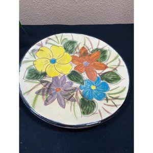 Vintage Majolica Red Clay Pottery Plate Bold Vibrant Flowers Made in Spa…